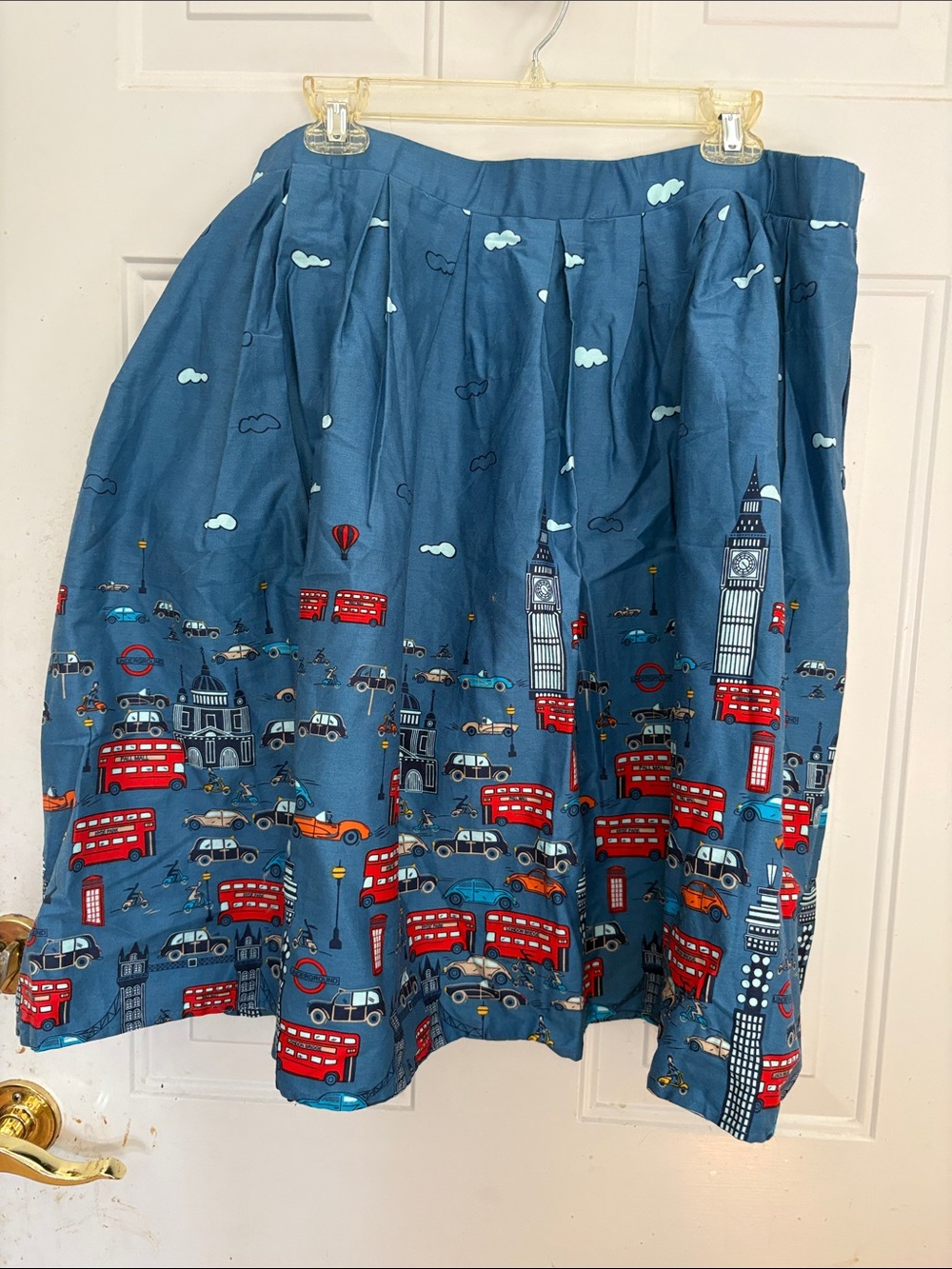 Blue London Print Circle Skirt with Red Bus Motif